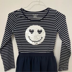 Girls Flip Sequin Dress Smiley Face Blue White Stripe The Childrens Place 7/8 M